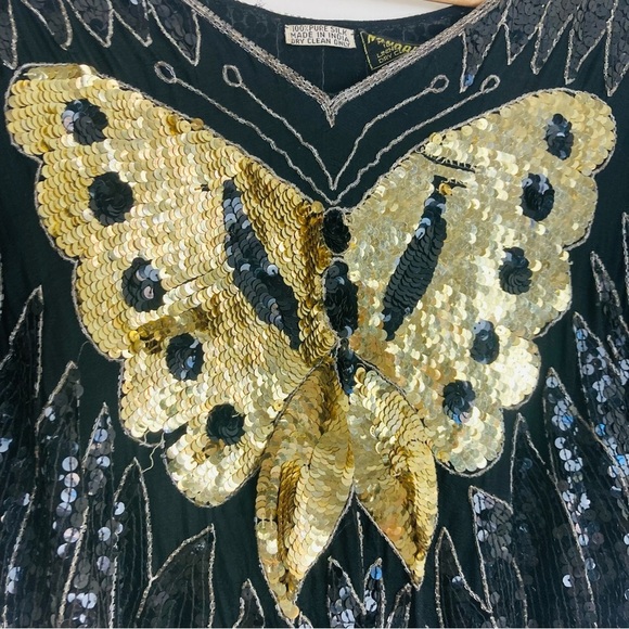 Vintage 70s silk sequin butterfly gold and black disco top. One size - Picture 2 of 9